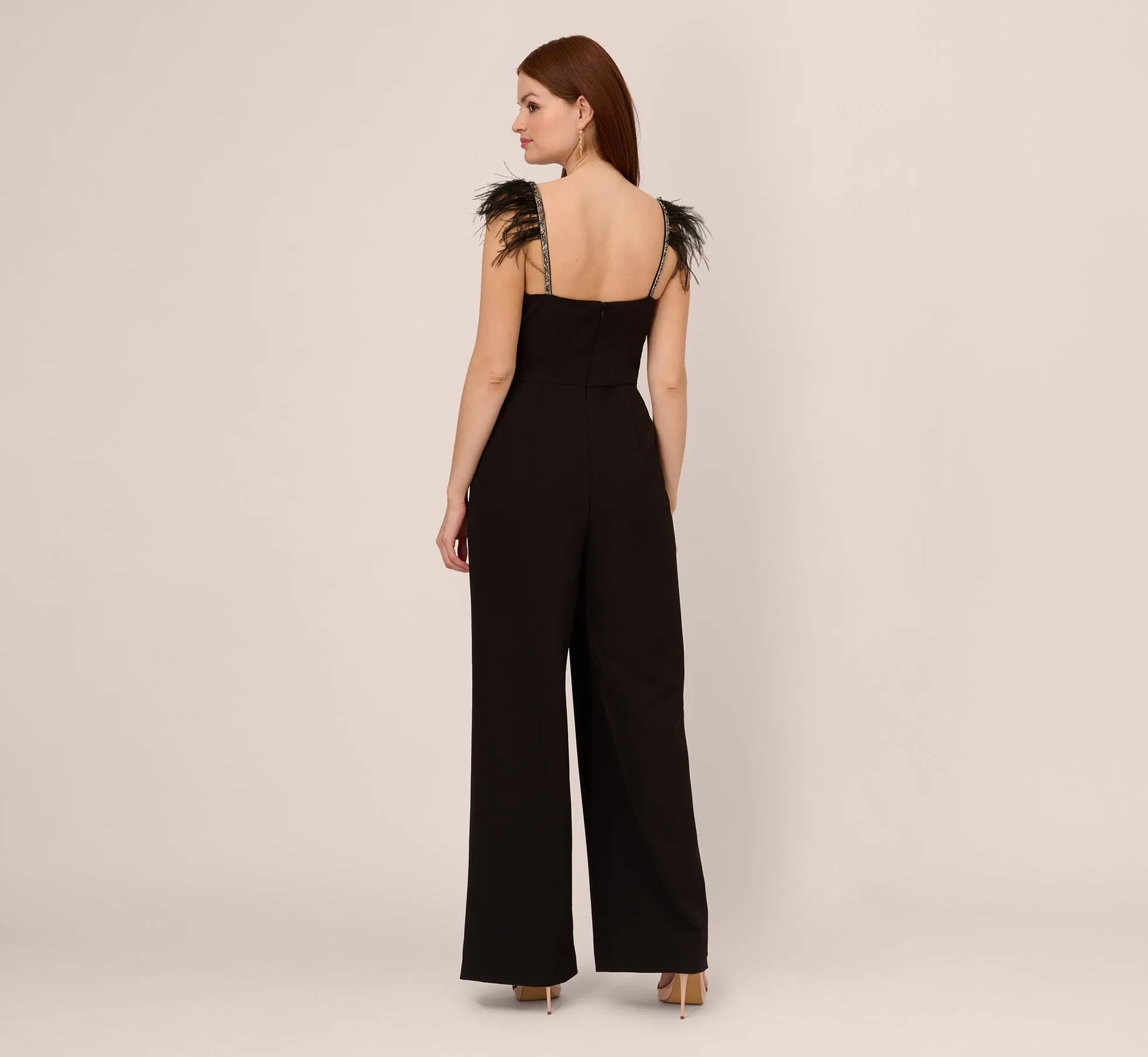 Crepe Wide Leg Jumpsuit With Bead And Feather Accents In Black