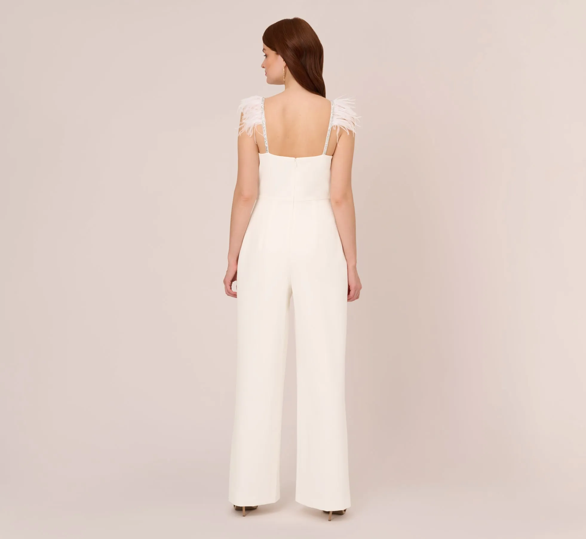 Crepe Wide Leg Jumpsuit With Bead And Feather Accents In Ivory