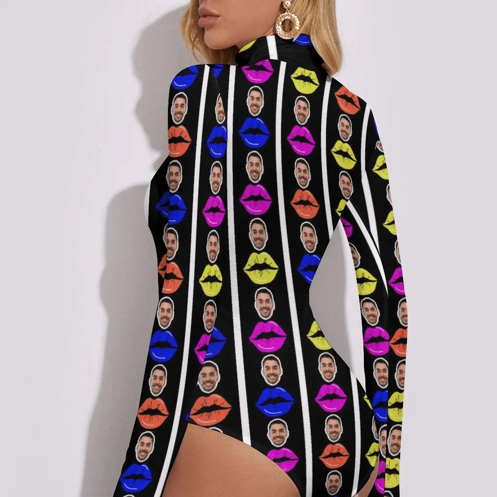 Custom Colorful Lips Women's Bodysuit with Face Personalized Turtleneck Long Sleeve Slim Body Suits Jumpsuit for Women Girls