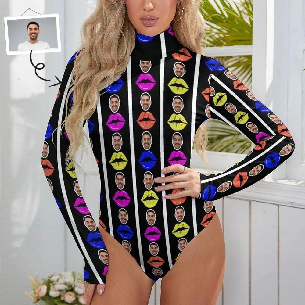 Custom Colorful Lips Women's Bodysuit with Face Personalized Turtleneck Long Sleeve Slim Body Suits Jumpsuit for Women Girls