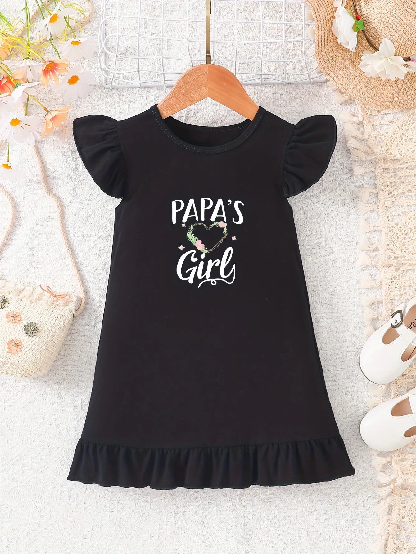 Cute Cartoon PAPAS GIRL Print Bodycon Dress for Girls - Soft Cotton, Short Sleeve, Crew Neck, Alphabets Pattern, Regular Fit, Slight Stretch, Perfect for Spring & Summer, Great Gift Idea