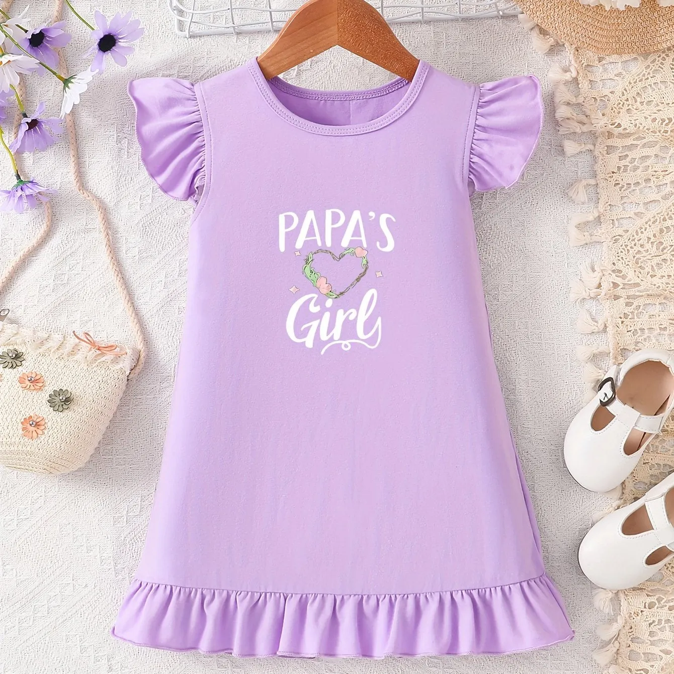 Cute Cartoon PAPAS GIRL Print Bodycon Dress for Girls - Soft Cotton, Short Sleeve, Crew Neck, Alphabets Pattern, Regular Fit, Slight Stretch, Perfect for Spring & Summer, Great Gift Idea