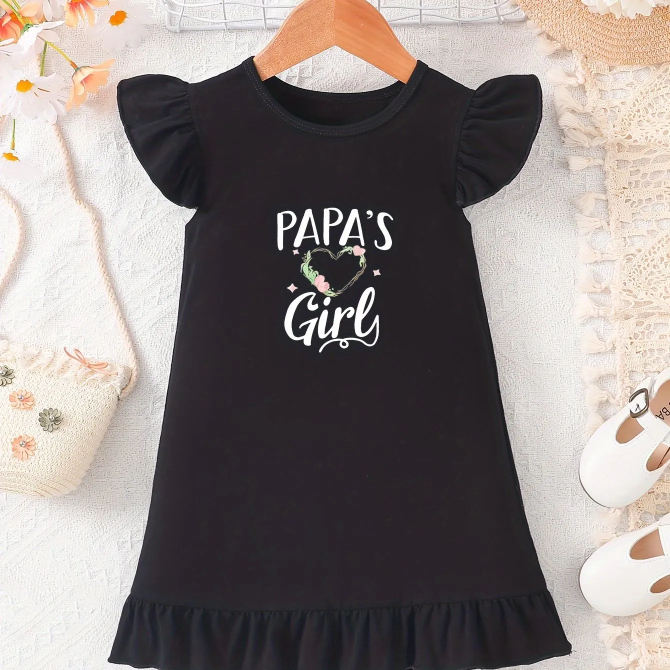 Cute Cartoon PAPAS GIRL Print Bodycon Dress for Girls - Soft Cotton, Short Sleeve, Crew Neck, Alphabets Pattern, Regular Fit, Slight Stretch, Perfect for Spring & Summer, Great Gift Idea