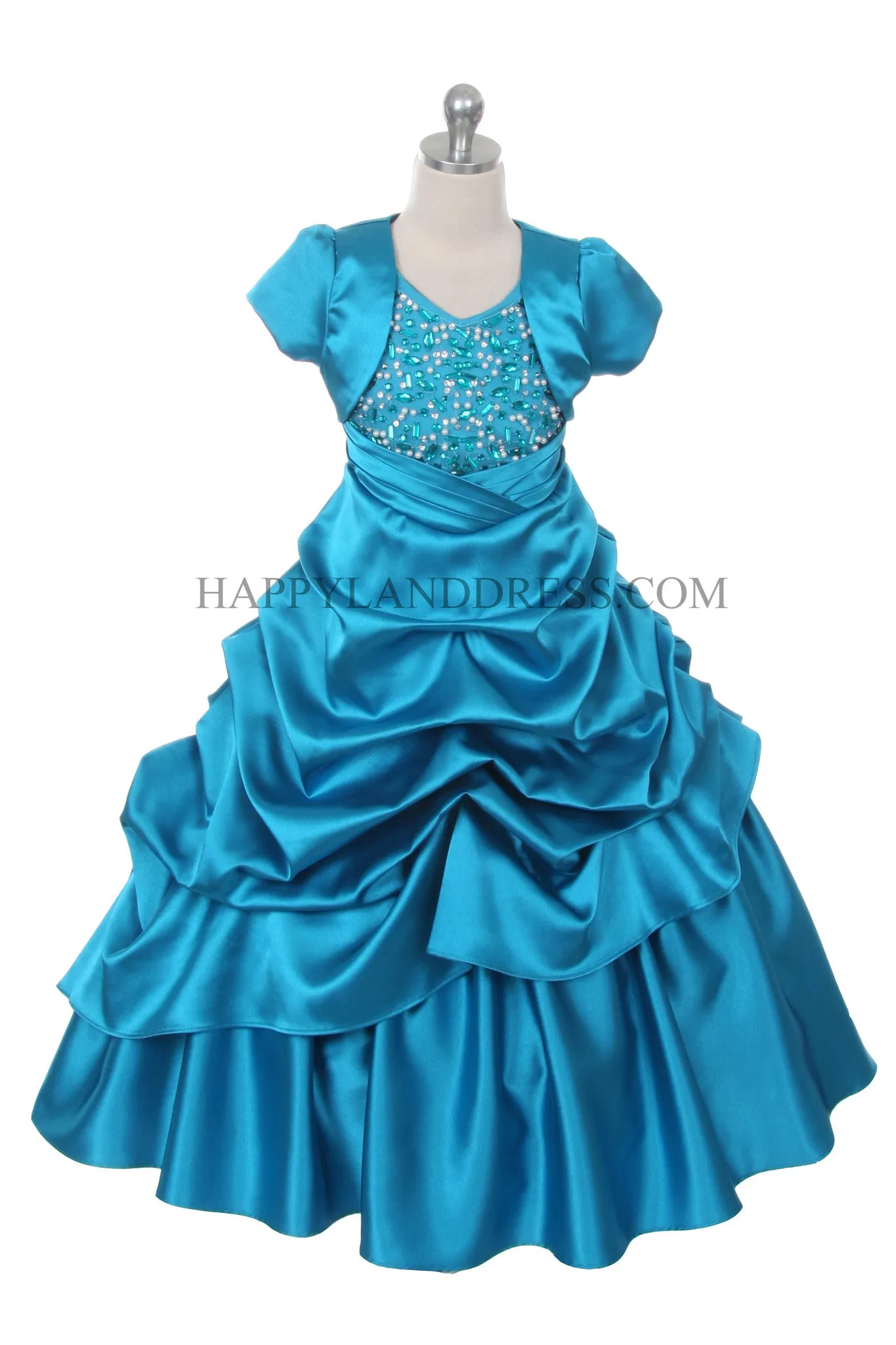 D0313 Floor Length, Satin Jacket Dress With Stone-Beads Bodice (4 Diff. Colors)