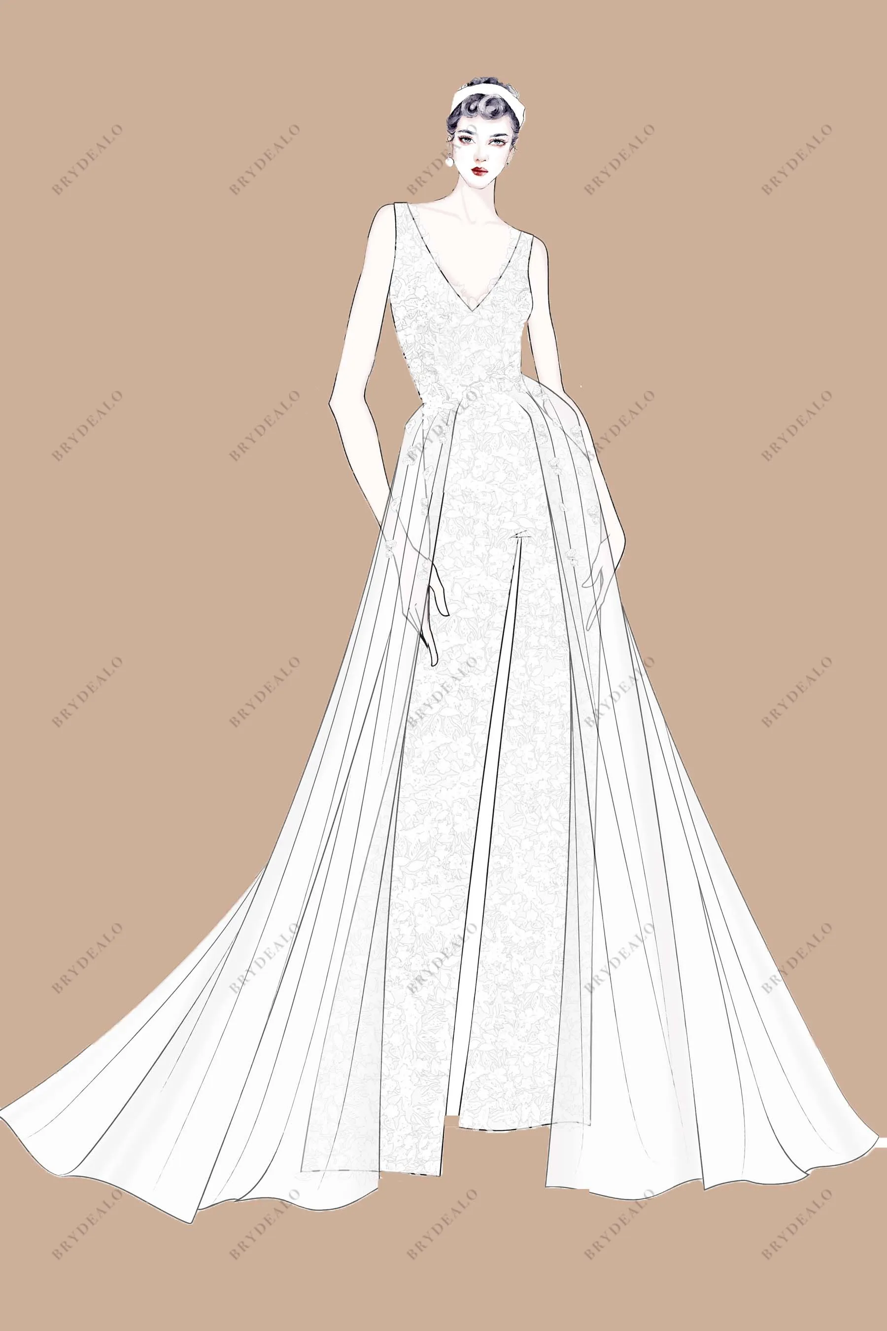 Designer Lace V-neck Bridal Jumpsuit Wedding Overskirt Sketch