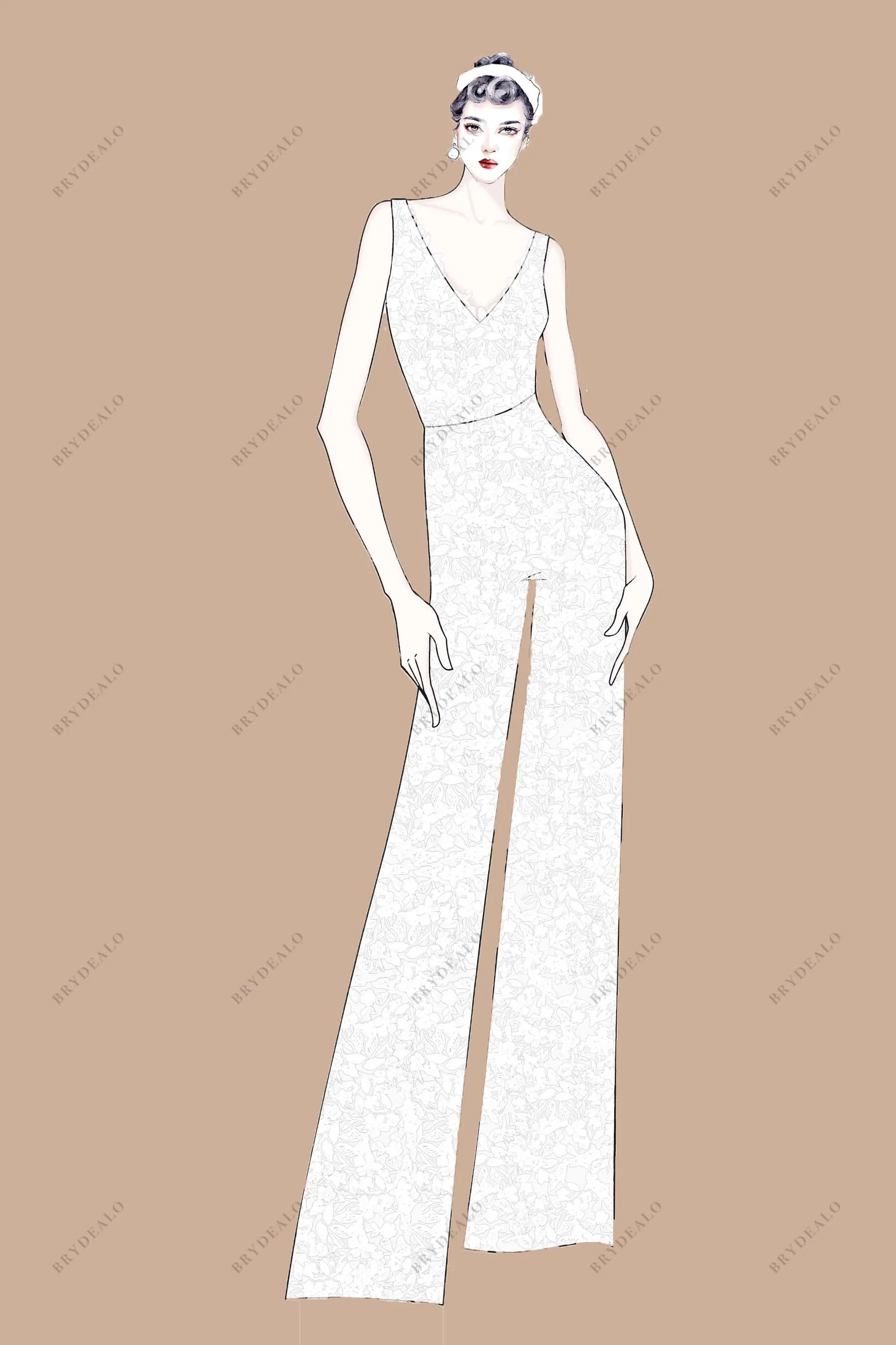 Designer Lace V-neck Bridal Jumpsuit Wedding Overskirt Sketch