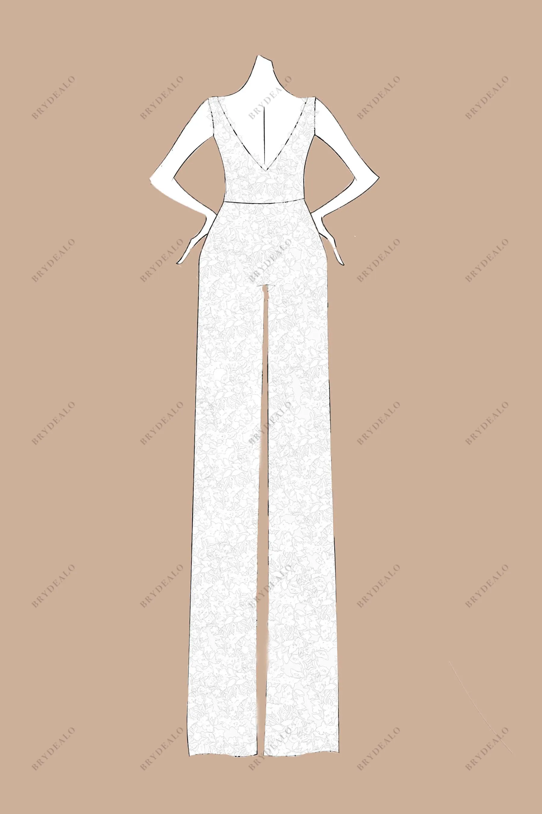 Designer Lace V-neck Bridal Jumpsuit Wedding Overskirt Sketch