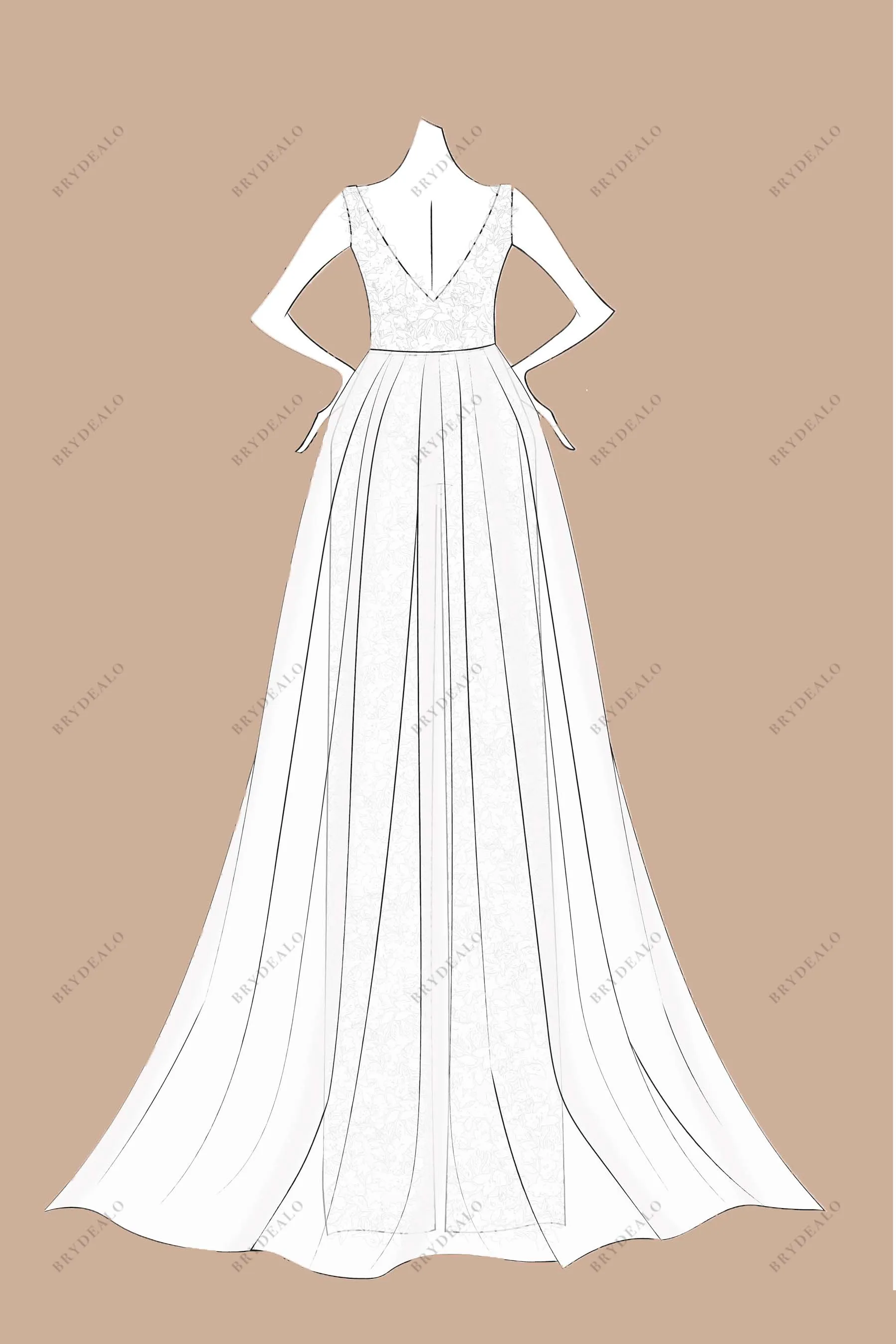 Designer Lace V-neck Bridal Jumpsuit Wedding Overskirt Sketch