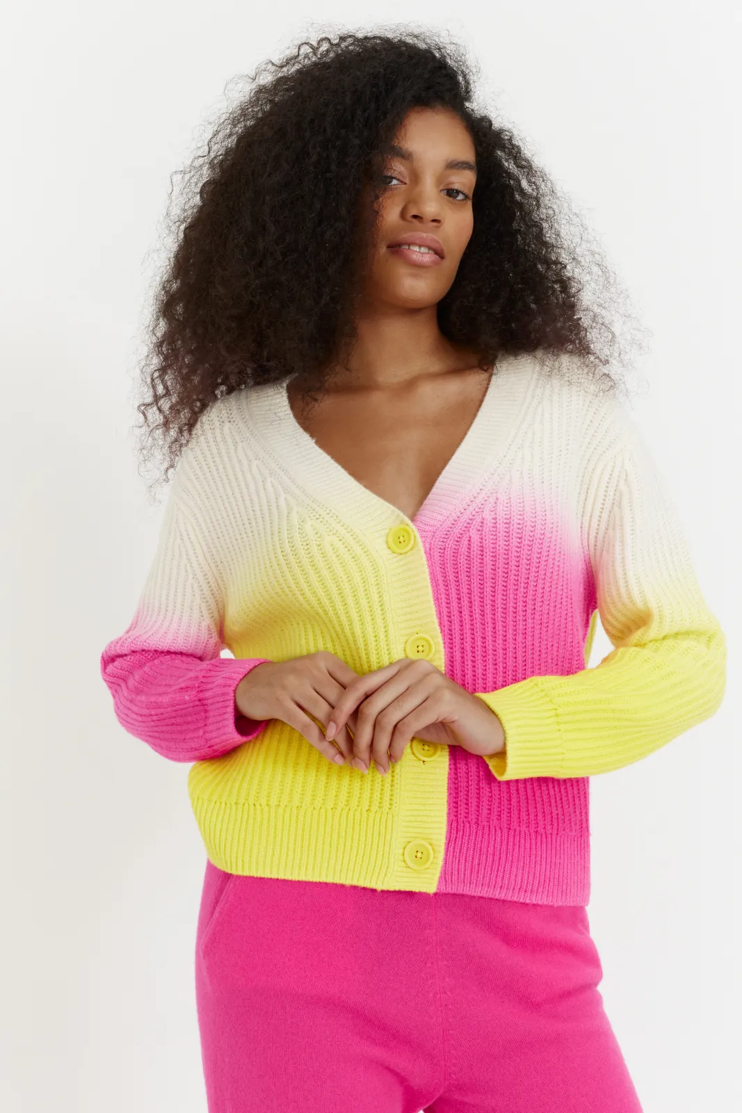 Dip Dye Lofty Fishermans Rib Cardigan, Cream/Yellow/Pink