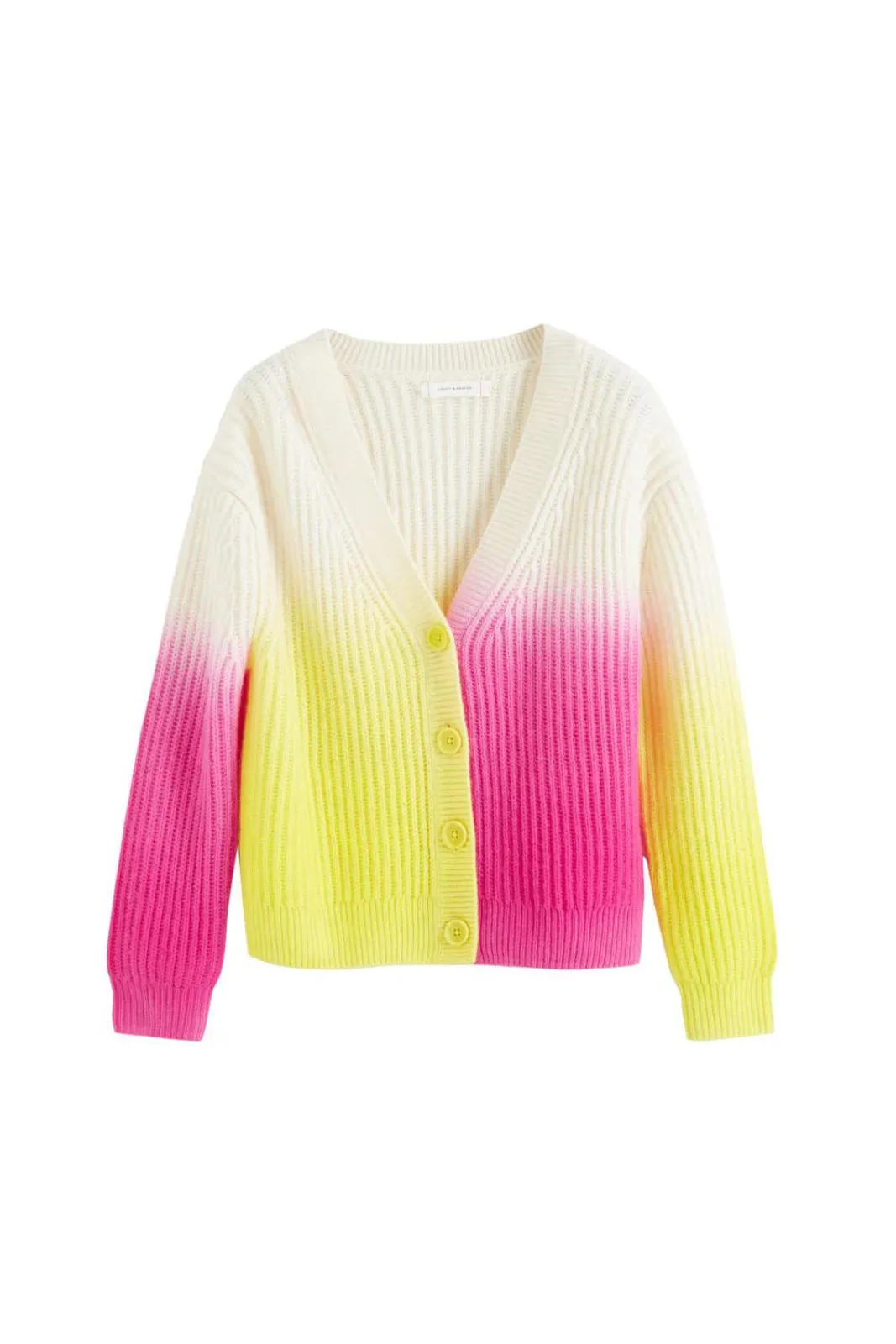 Dip Dye Lofty Fishermans Rib Cardigan, Cream/Yellow/Pink