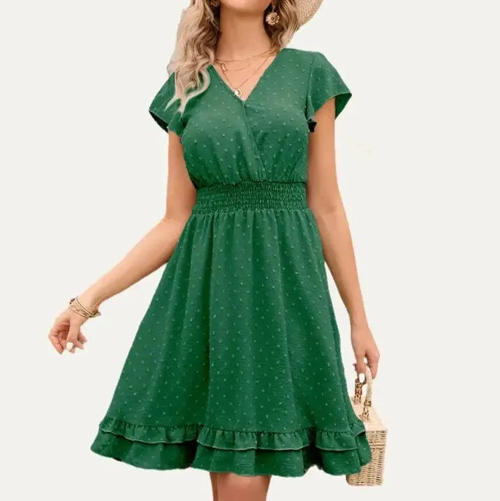 Dynamic Swiss Dot Short Sleeve Smocked Mini Dress