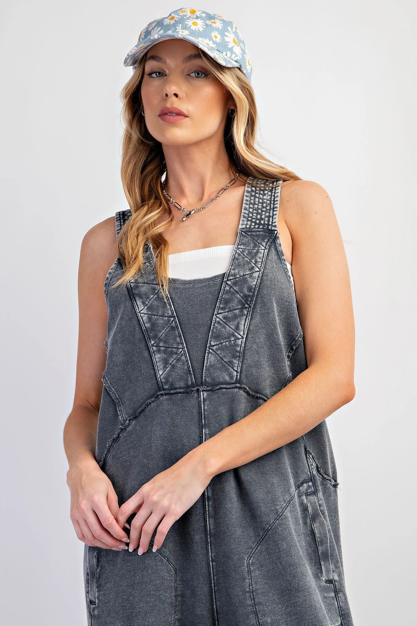 Easel Mineral Washed Terry Knit Jumpsuit in Moon River