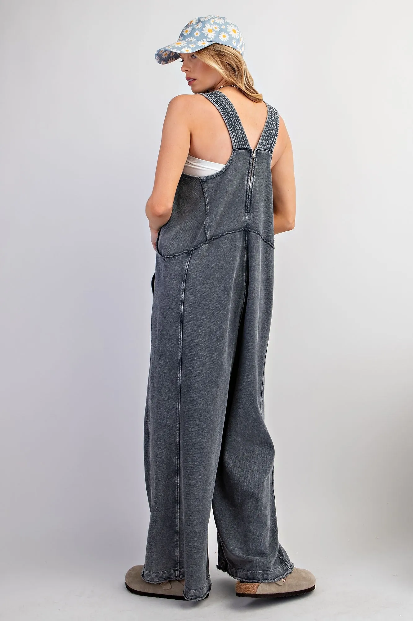 Easel Mineral Washed Terry Knit Jumpsuit in Moon River