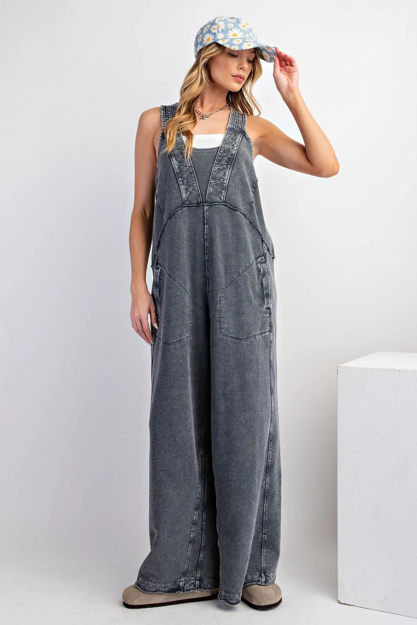 Easel Mineral Washed Terry Knit Jumpsuit in Moon River