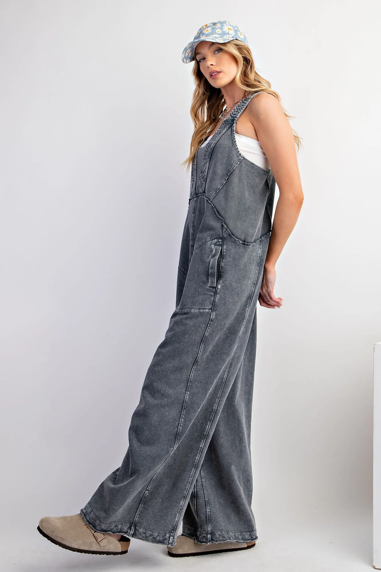 Easel Mineral Washed Terry Knit Jumpsuit in Moon River