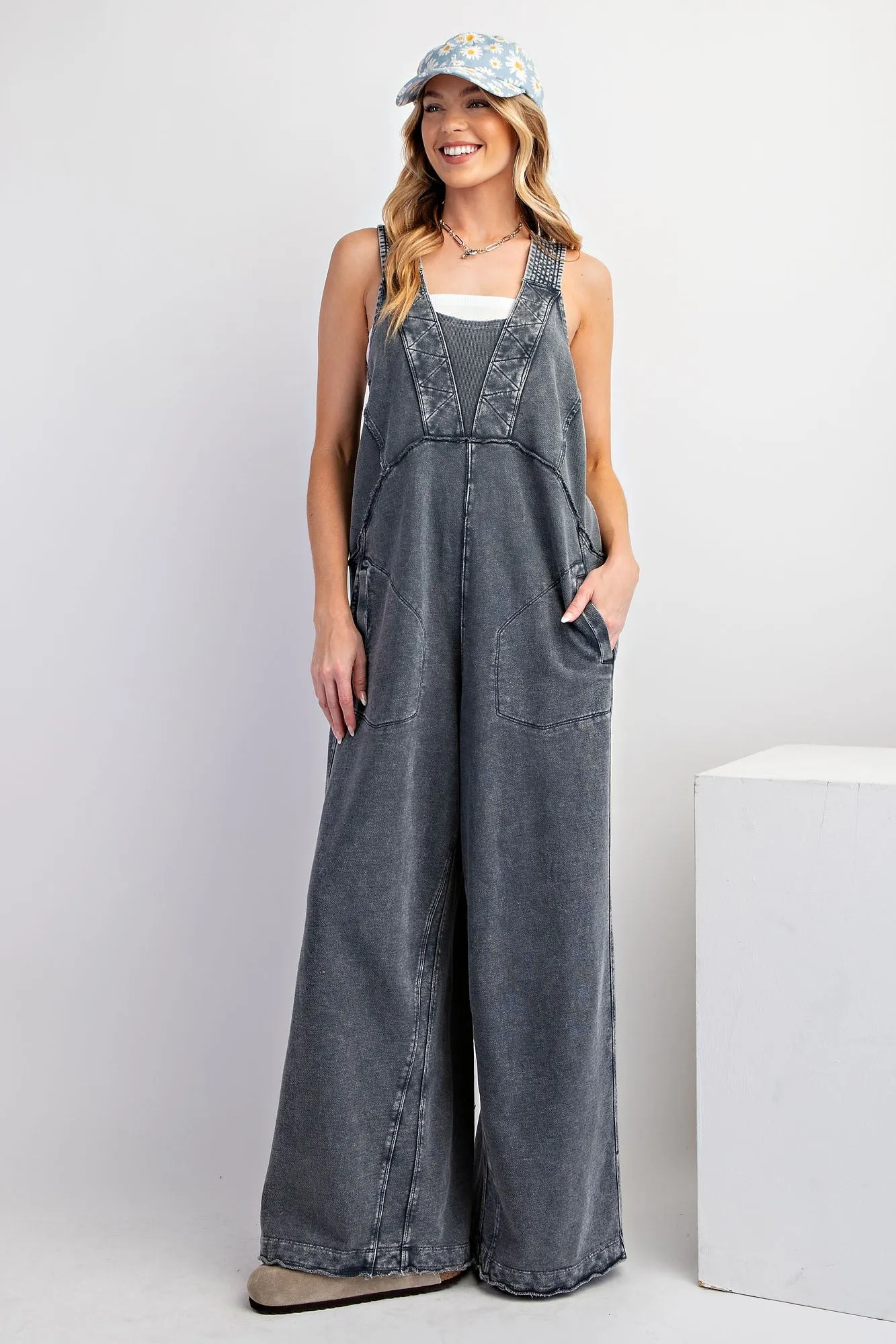 Easel Mineral Washed Terry Knit Jumpsuit in Moon River