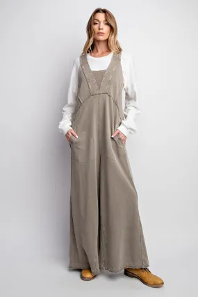 Easel Mineral Washed Terry Knit Jumpsuit in Mushroom