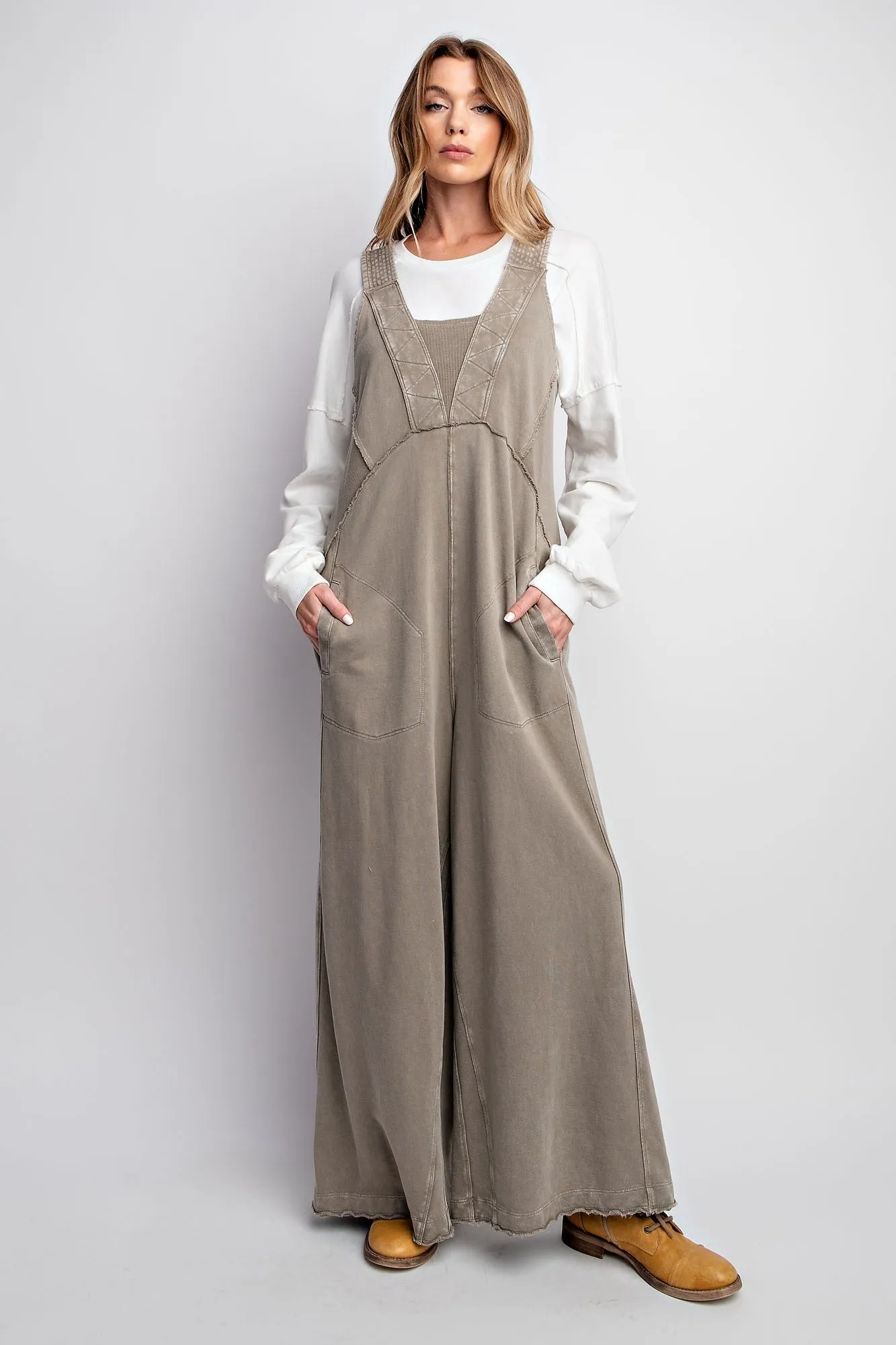 Easel Mineral Washed Terry Knit Jumpsuit in Mushroom