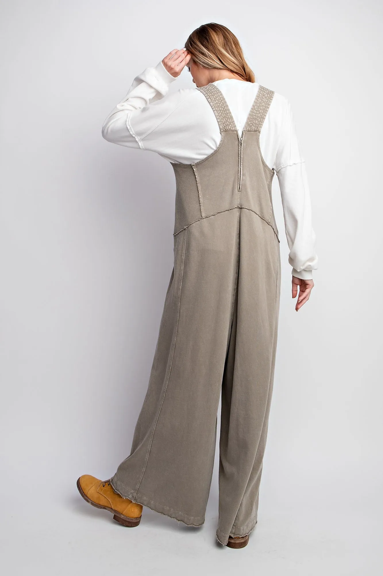 Easel Mineral Washed Terry Knit Jumpsuit in Mushroom