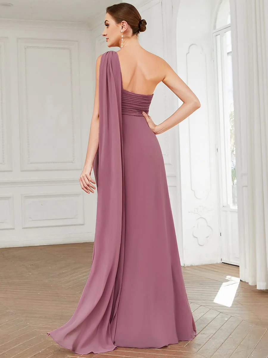 Elegant Pleated A-Line Floor Length One Shoulder Sleeveless Bridesmaids Dress