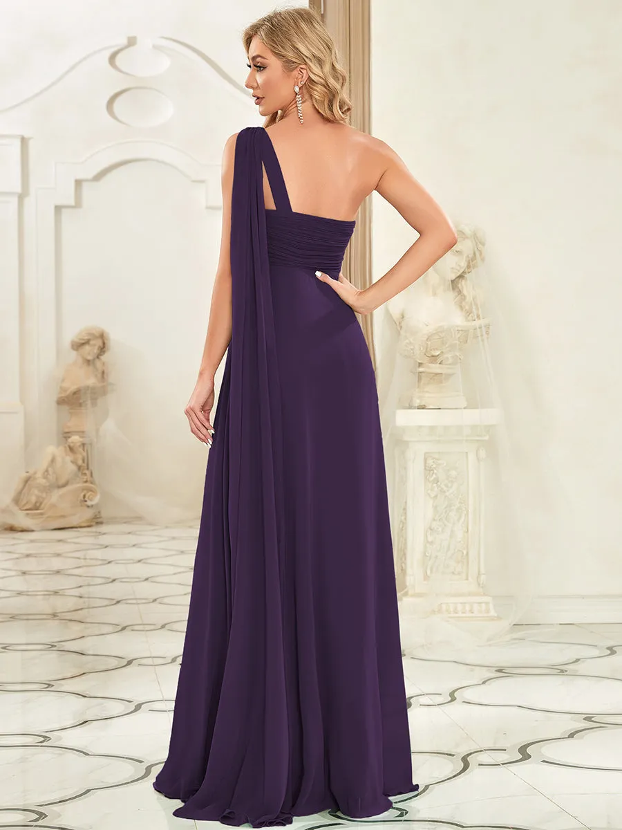 Elegant Pleated A-Line Floor Length One Shoulder Sleeveless Bridesmaids Dress