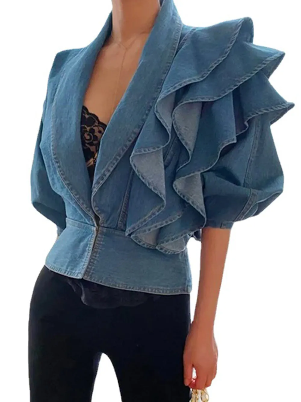 Elegant Pleated Bomber Denim Blouses