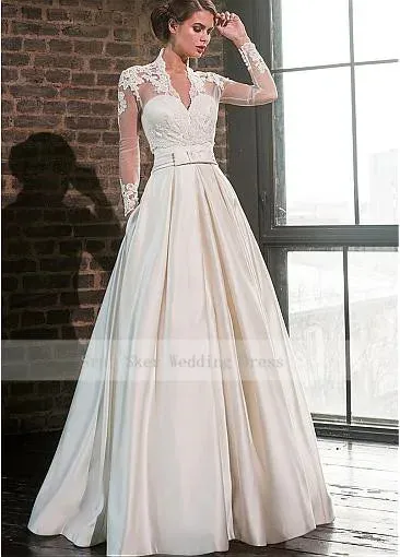 Elegant Sweetheart Satin Wedding Dress with Jacket Long Sleeve Floor Length Bridal Gowns Pockets Robe De Mariage