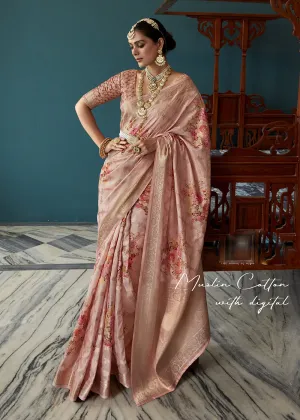 Enchanting Lily Pink Floral Printed Soft Silk Designer Saree