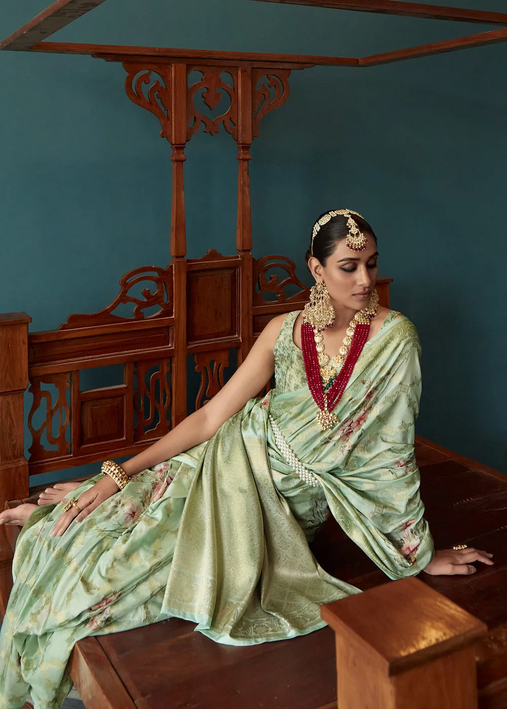 Enchanting Mint Green Floral Printed Soft Silk Designer Saree