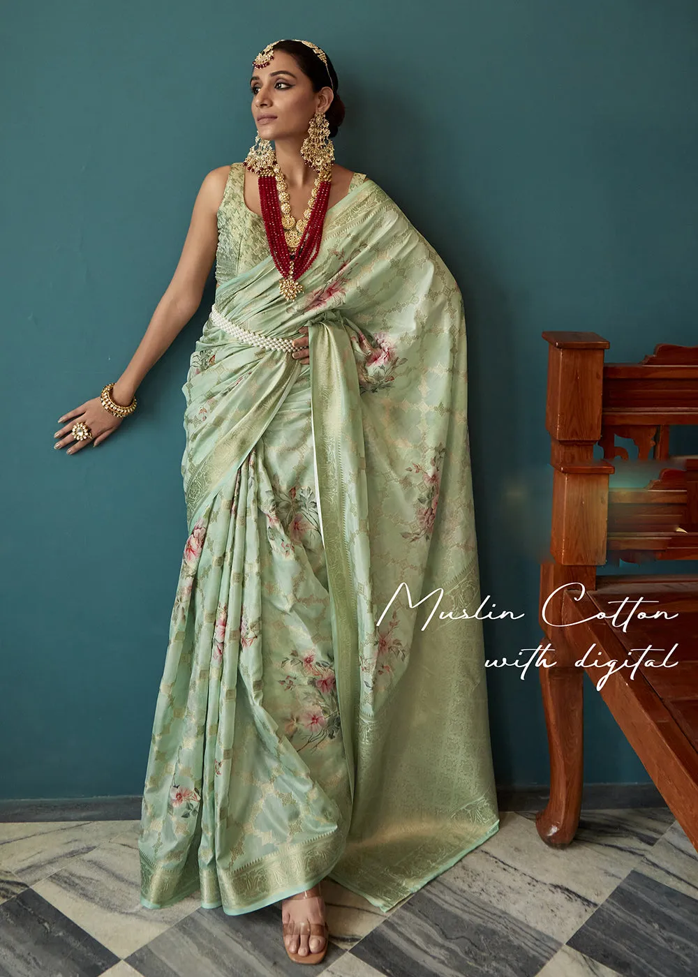 Enchanting Mint Green Floral Printed Soft Silk Designer Saree