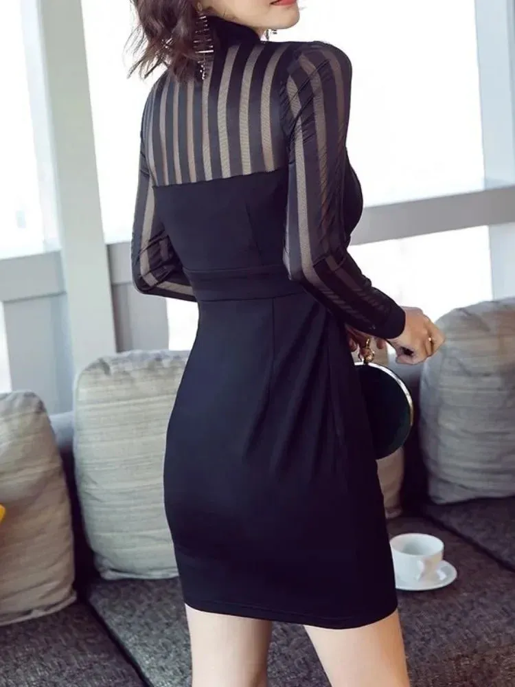 Fashion Sexy Bodycon Mesh Lace Black Mini Dress Women Vintage Wrap Slim Tight Skinny Sheath Short Dresses Autumn