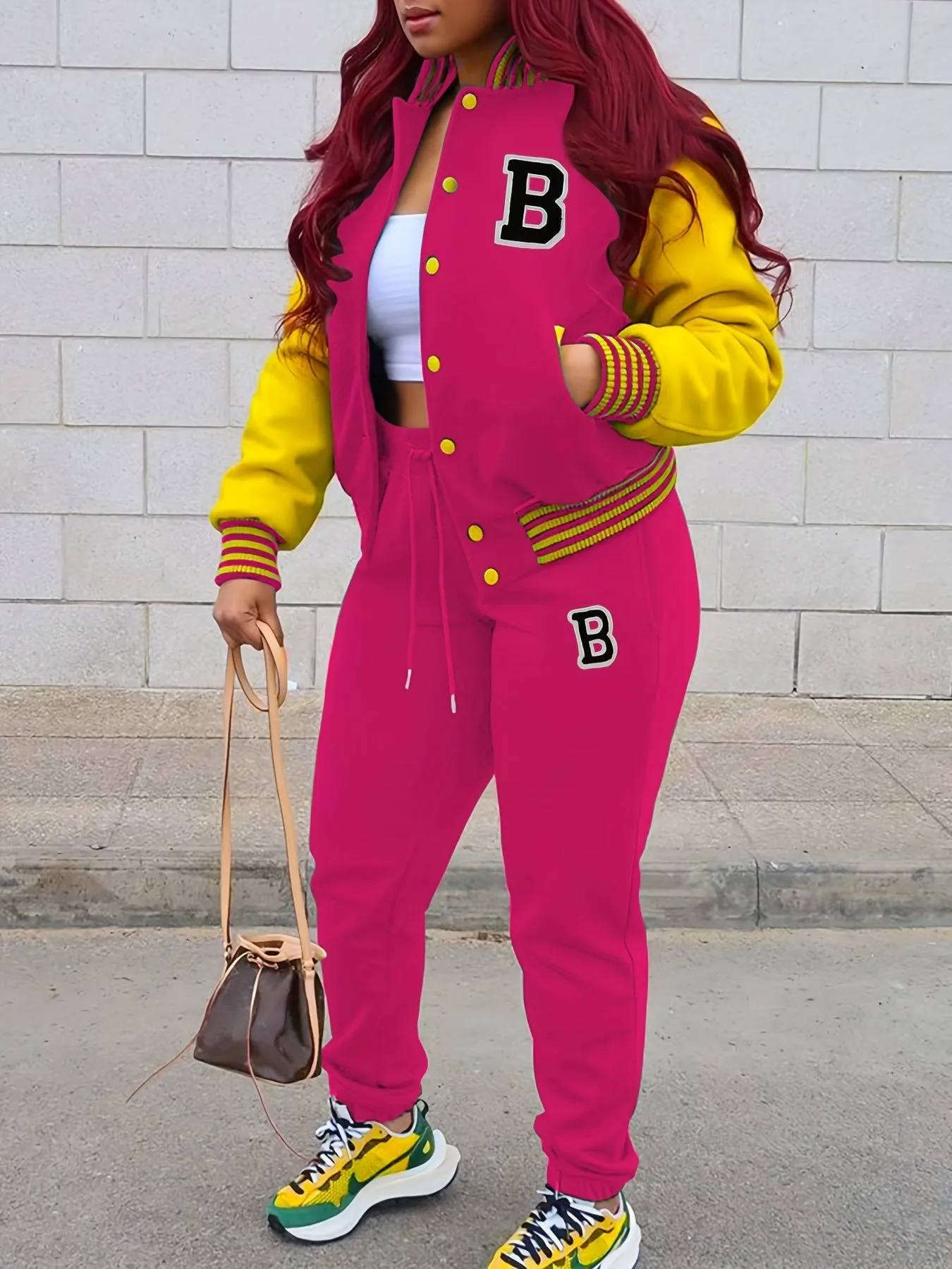 Fashionable Womens Two-Piece Set - Letter Pattern Varsity Jacket with Button Front & Drawstring Jogger Pants - Casual, Comfortable, and Versatile Outfit