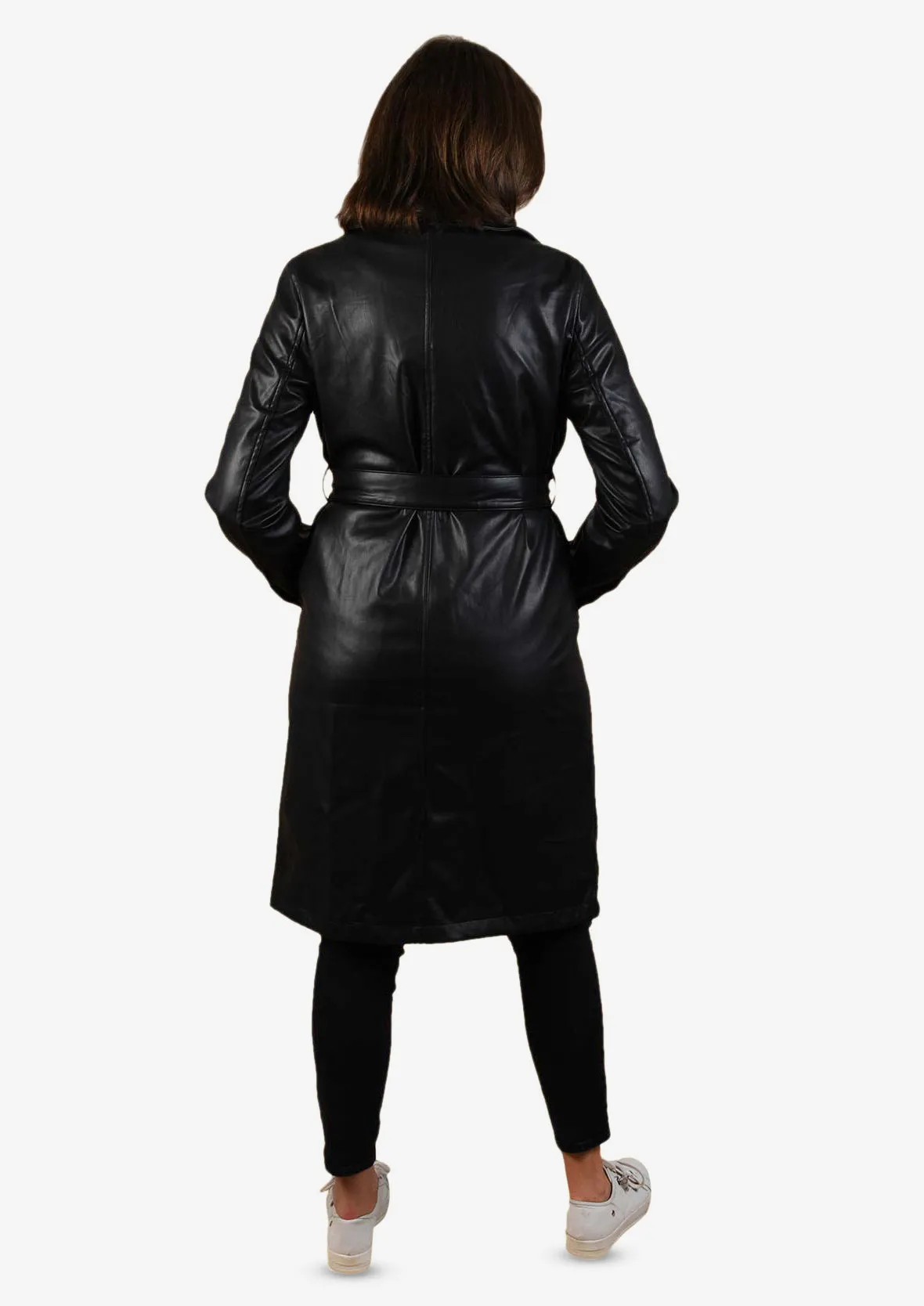 Faux Leather Coat With Tie Belt