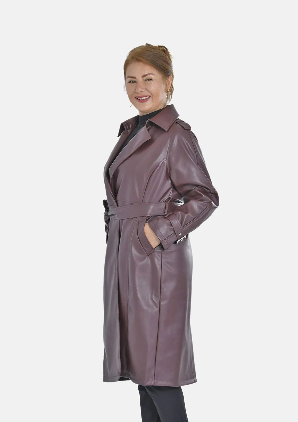 Faux Leather Coat With Tie Belt