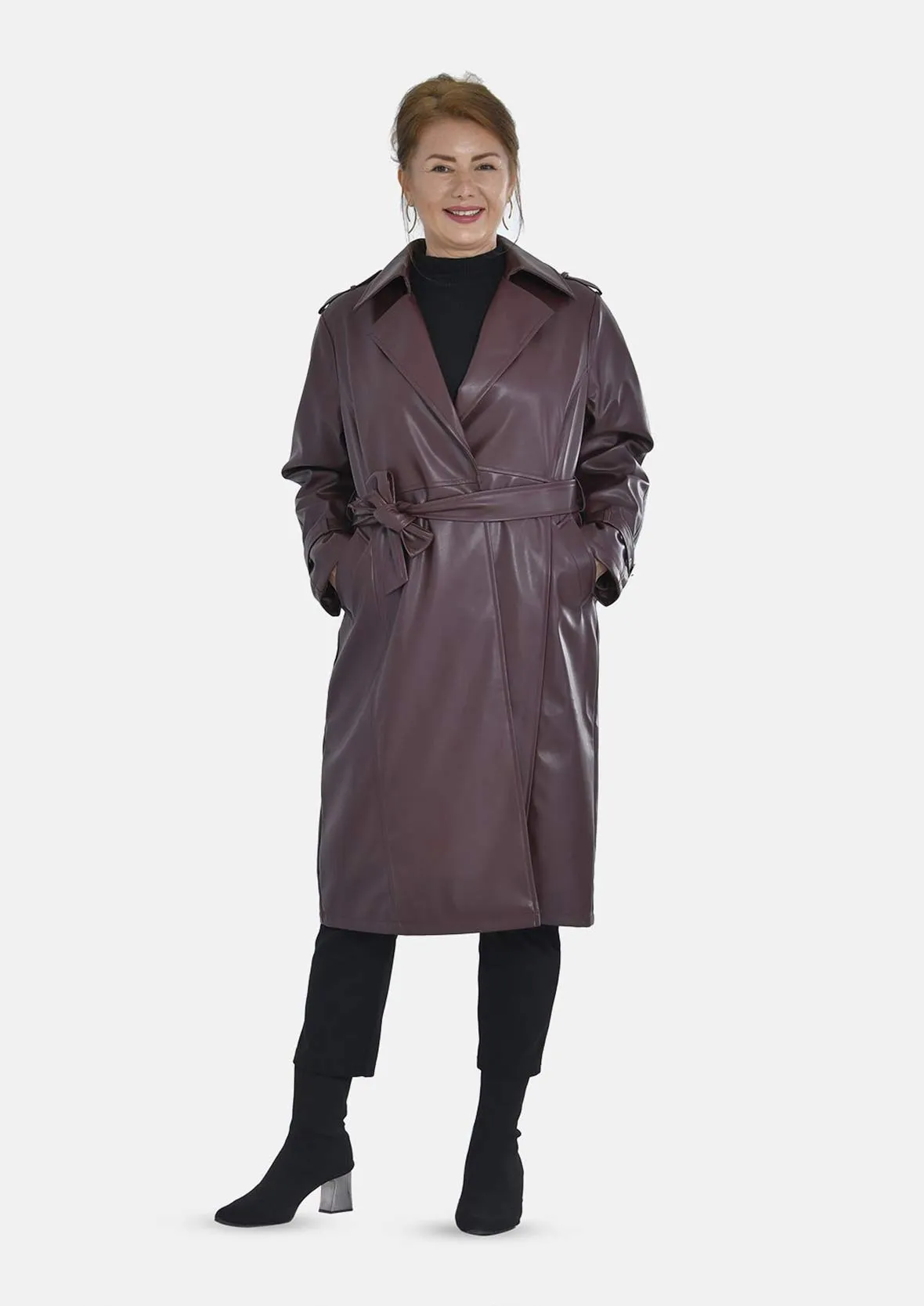 Faux Leather Coat With Tie Belt