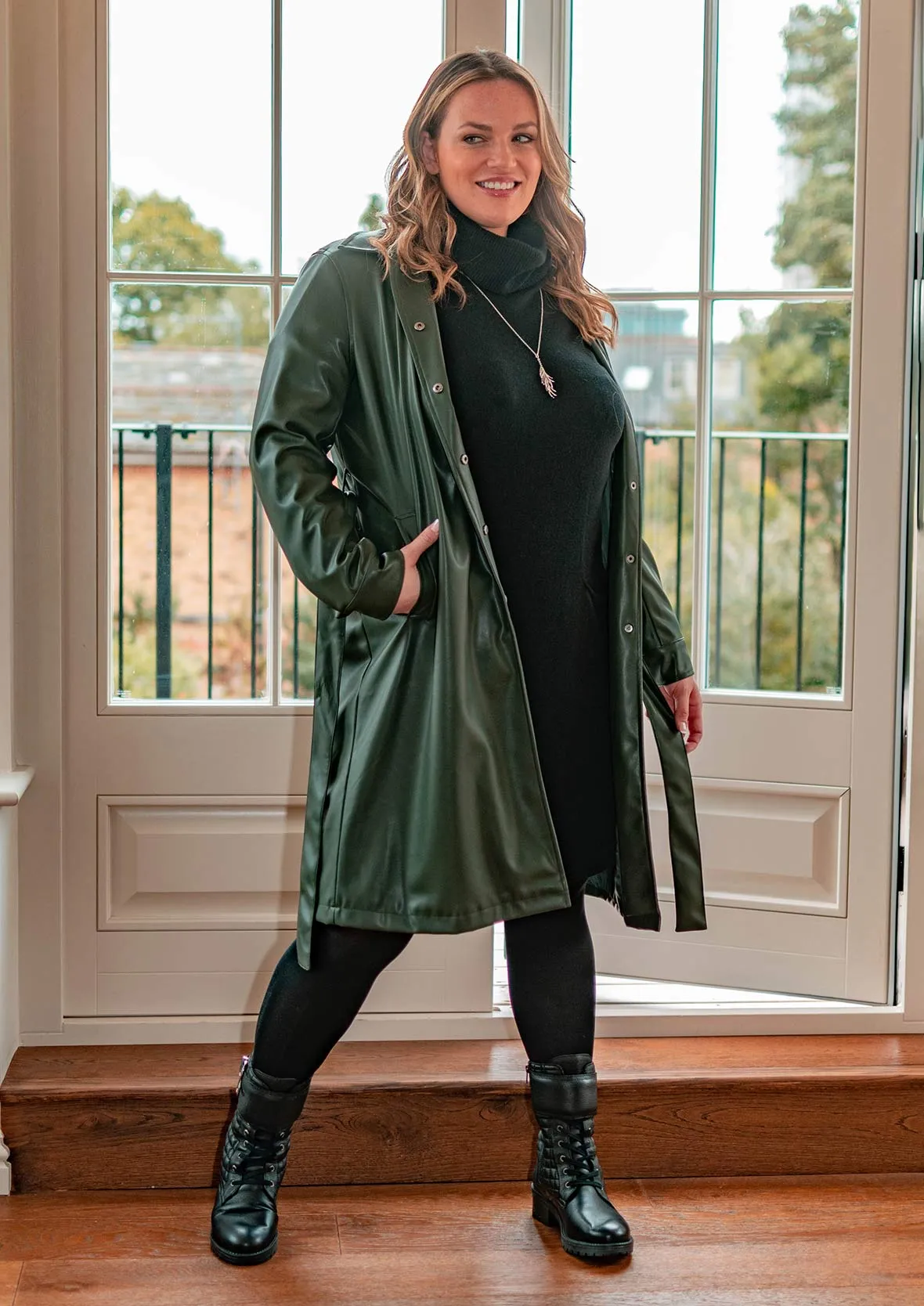 Faux Leather Coat With Tie Belt