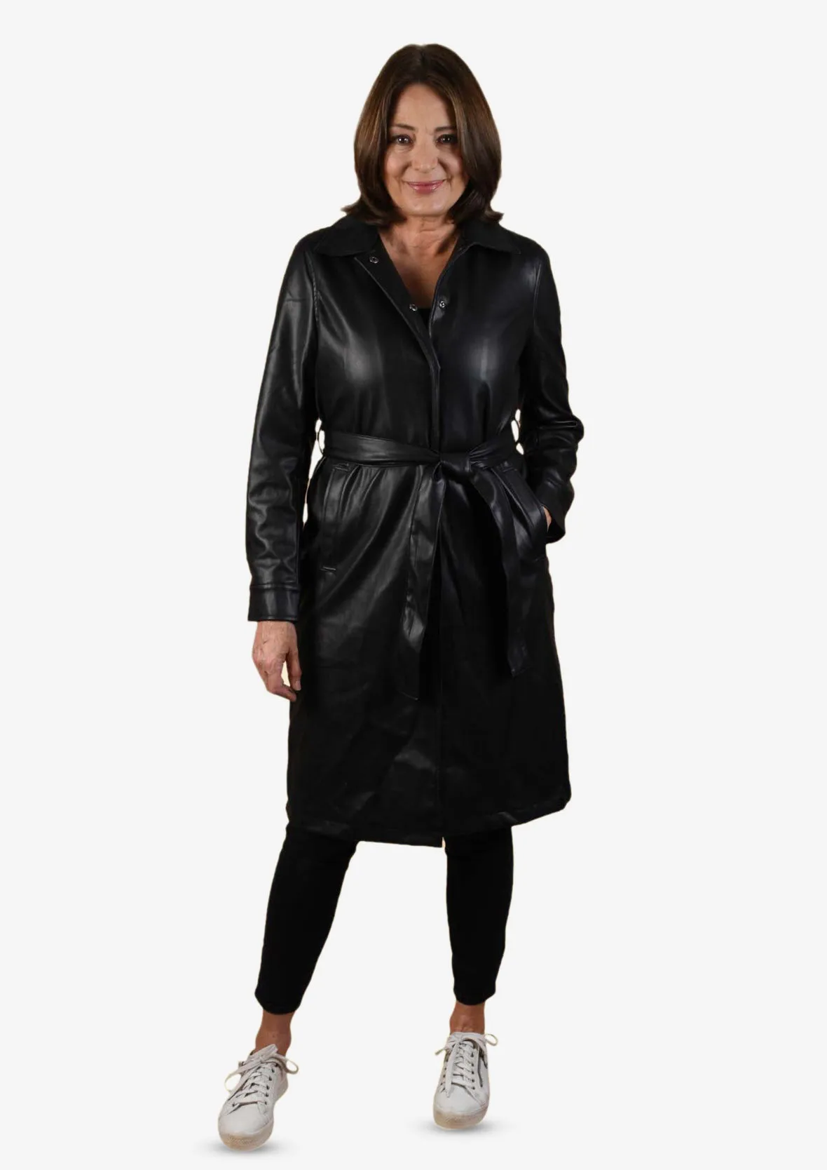 Faux Leather Coat With Tie Belt