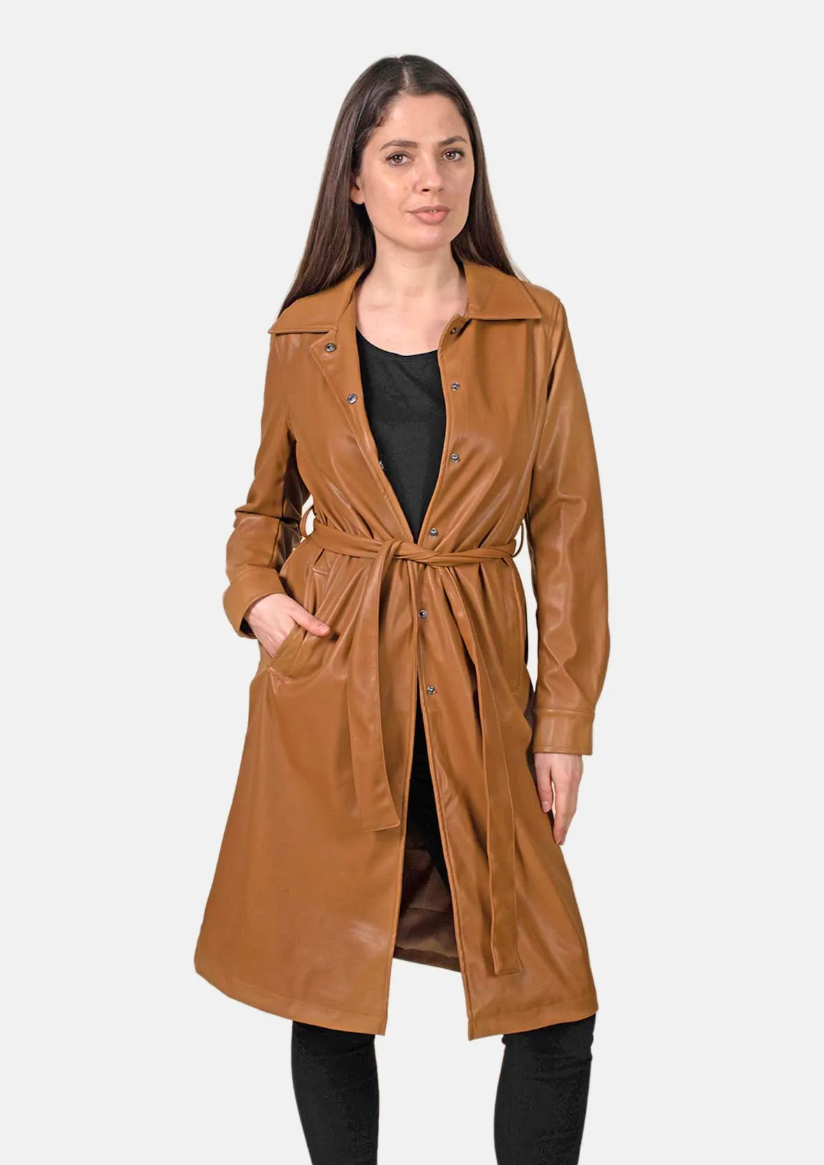 Faux Leather Coat With Tie Belt