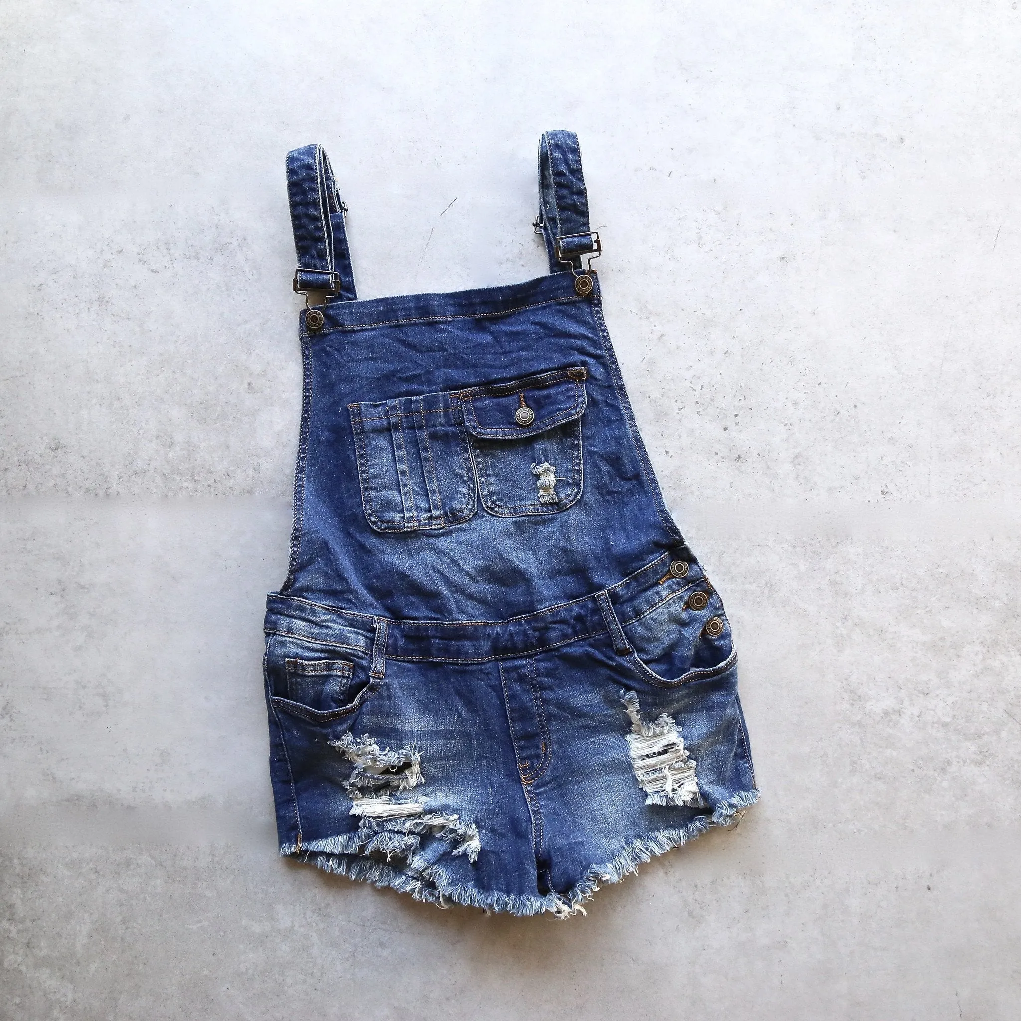 Final Sale - Distressed Denim Overall Shorts in Medium Wash