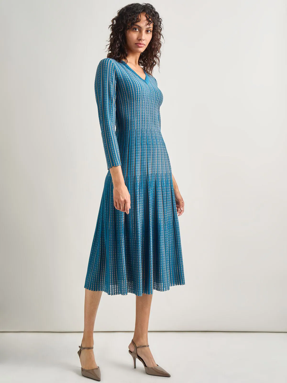 Fit-and-Flare Linear Textured Knit Midi Dress