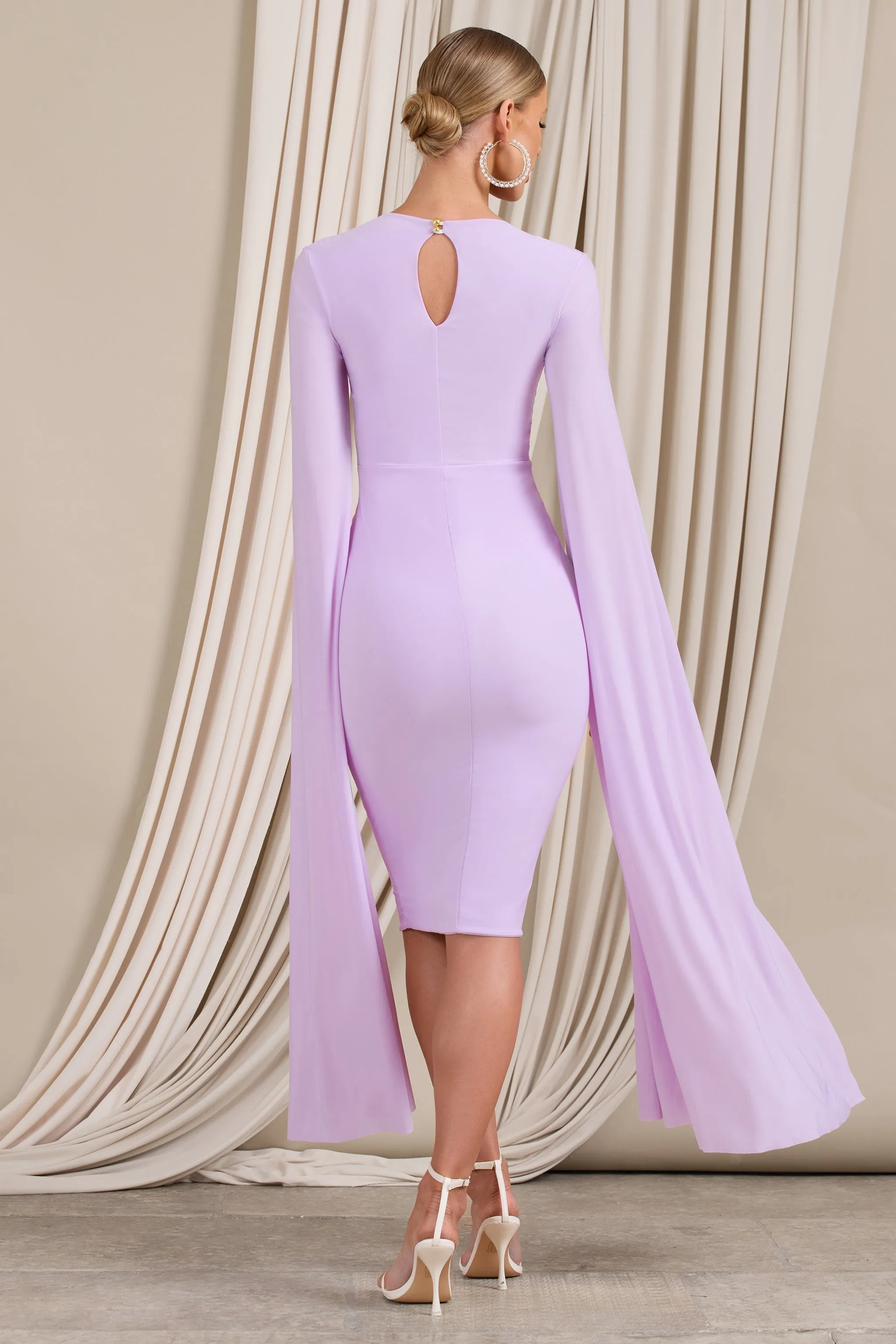 Flawless | Lilac Square Neck Midi Dress With Cape Sleeves