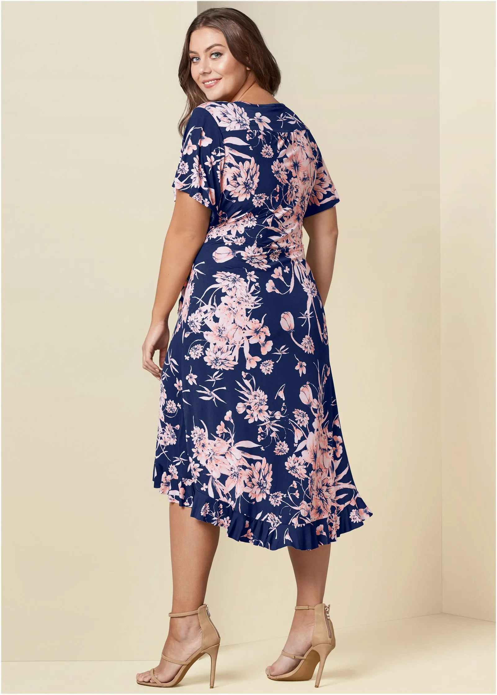 Floral Print Wrap Dress - Navy Multi