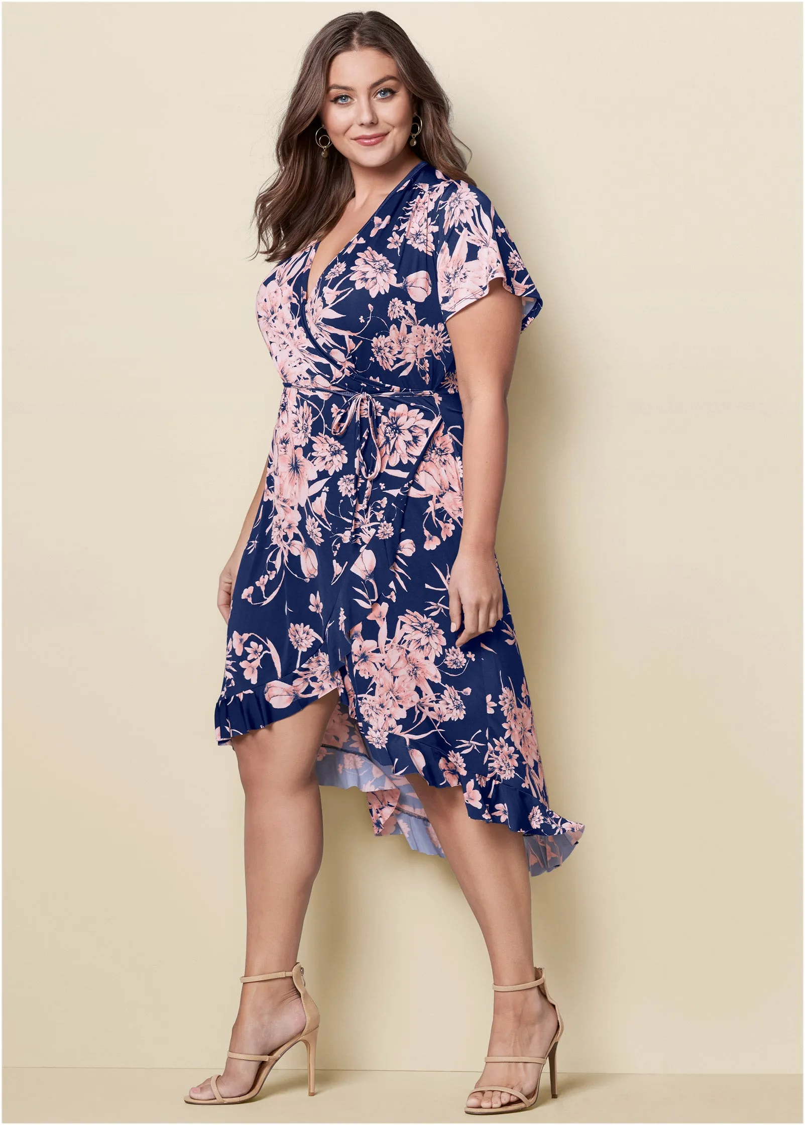 Floral Print Wrap Dress - Navy Multi