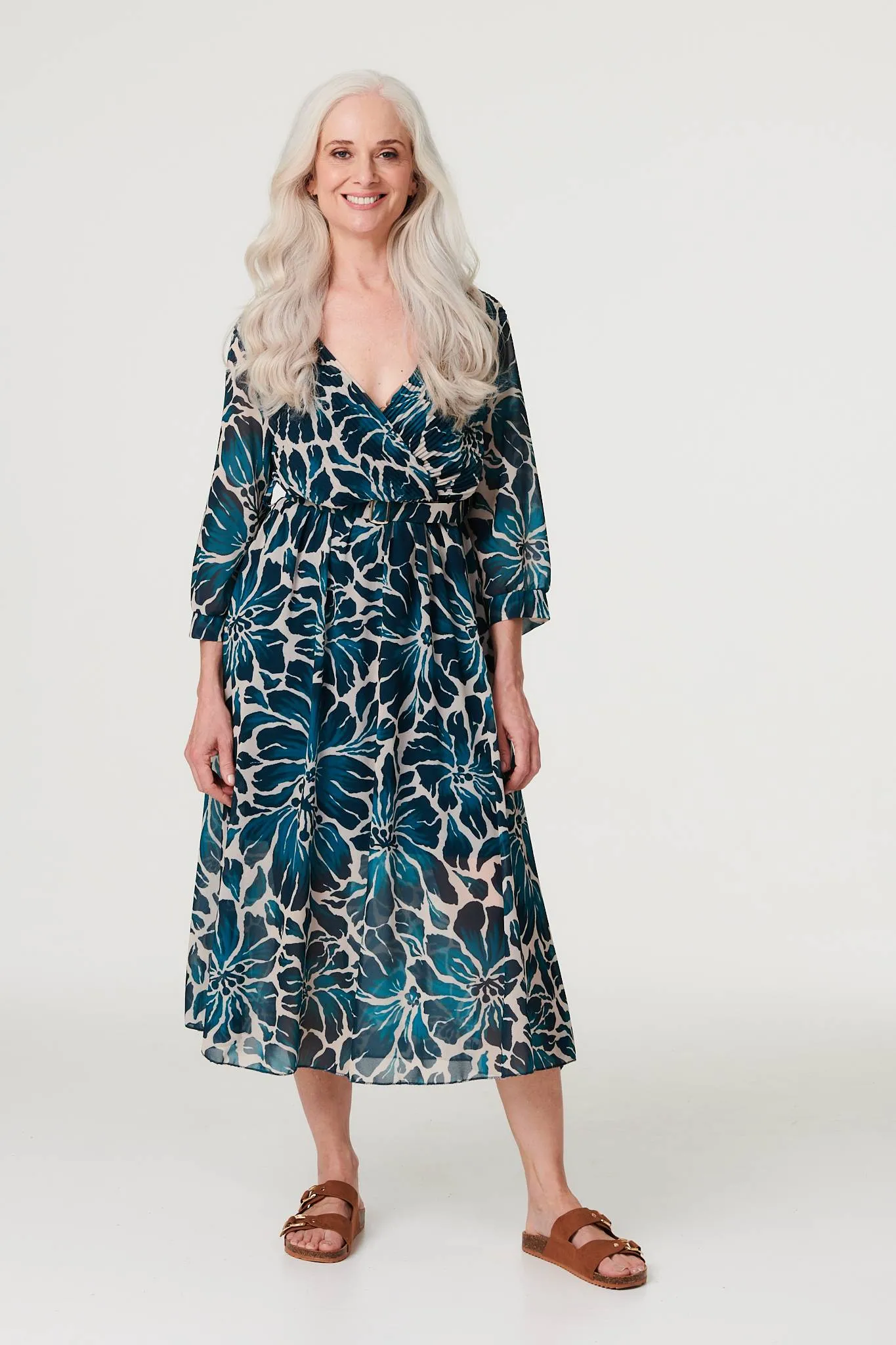 Floral Semi Sheer V-Neck Midi Dress