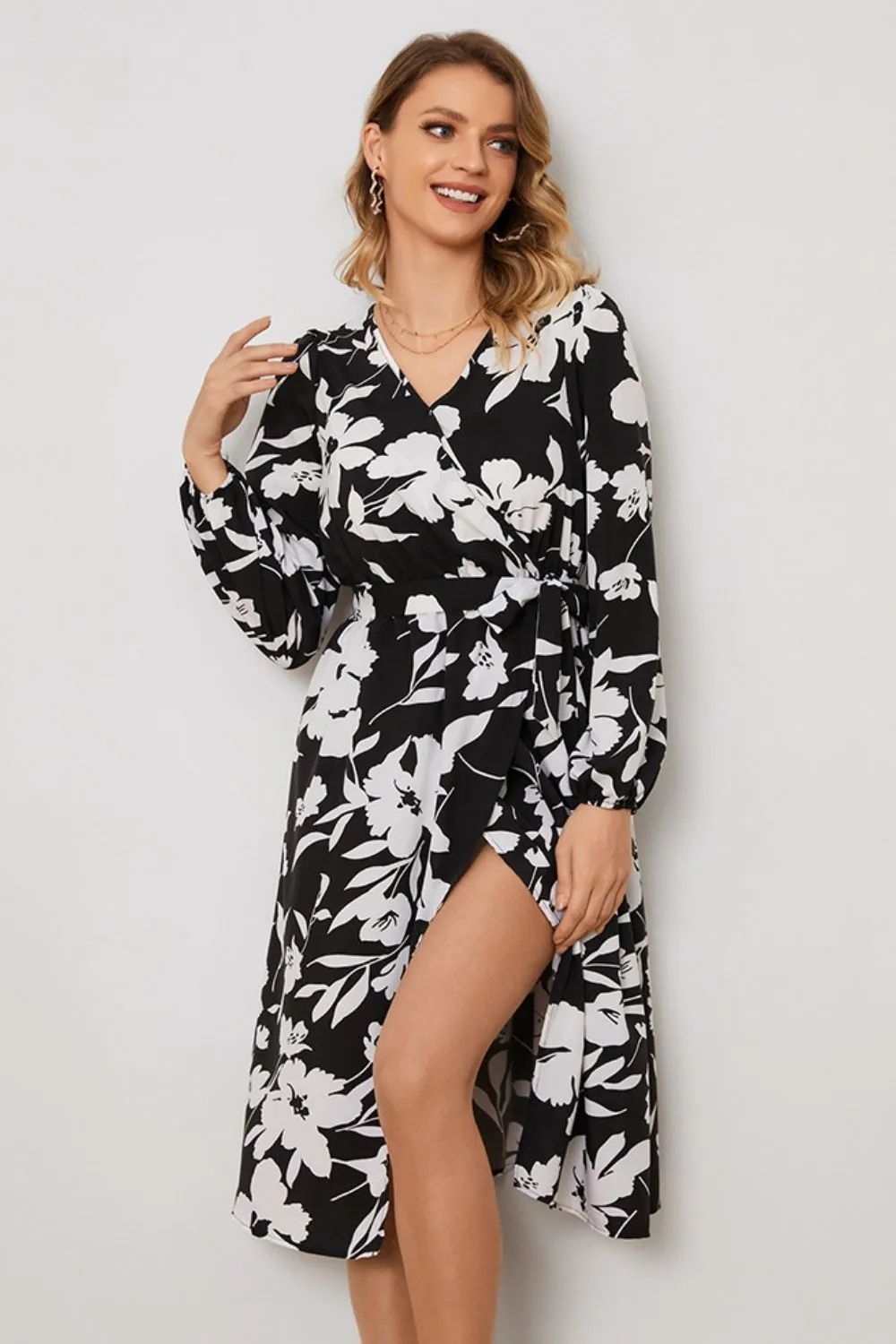 Floral Surplice Neck Tie Waist Dress