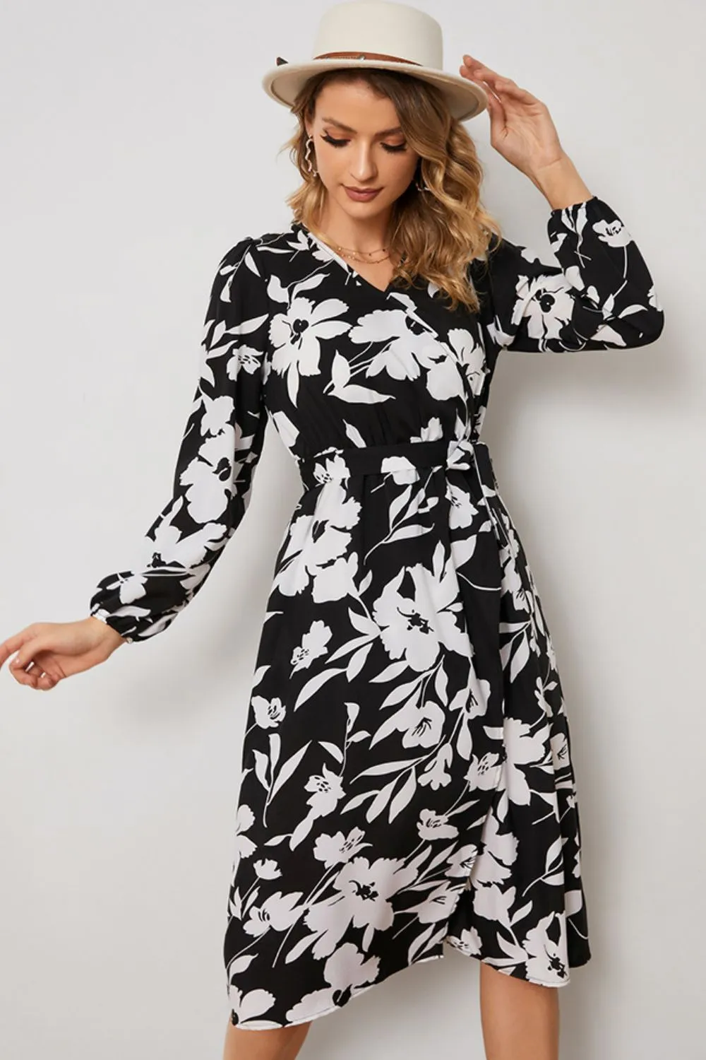 Floral Surplice Neck Tie Waist Dress