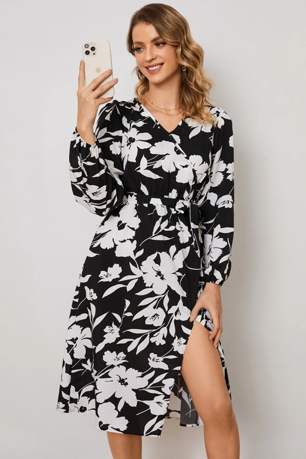 Floral Surplice Neck Tie Waist Dress