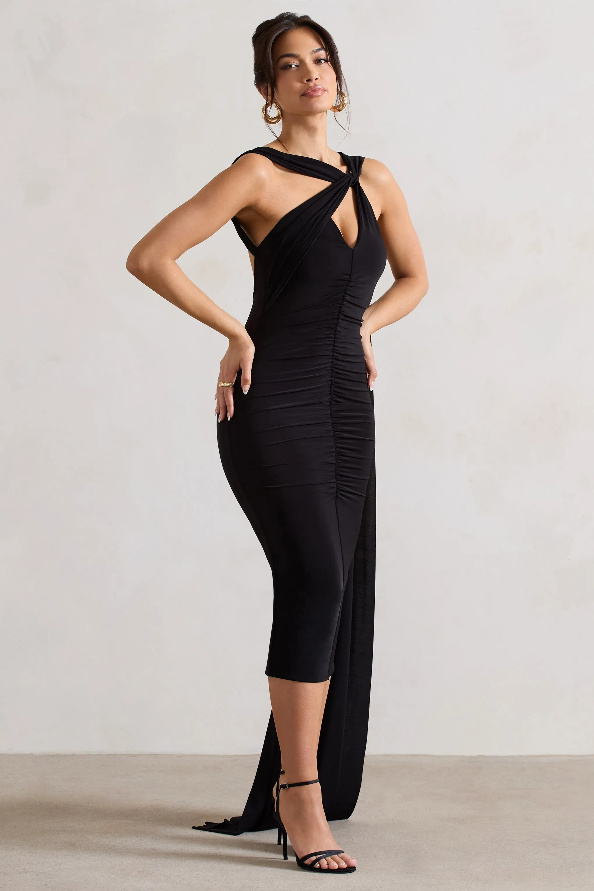 Freedom | Black Strappy Asymmetric Cut-Out Midi Dress With Cape