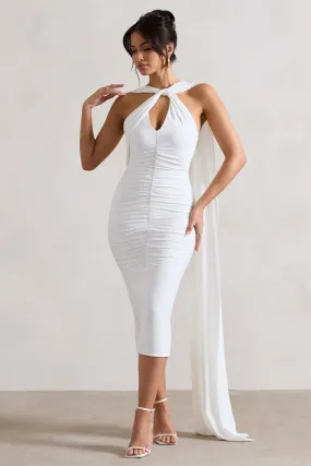 Freedom | White Strappy Asymmetric Cut-Out Midi Dress With Cape