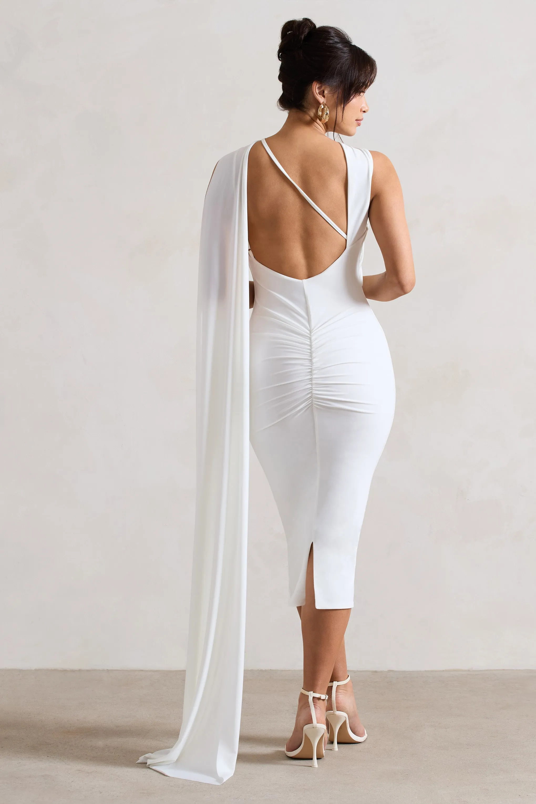 Freedom | White Strappy Asymmetric Cut-Out Midi Dress With Cape